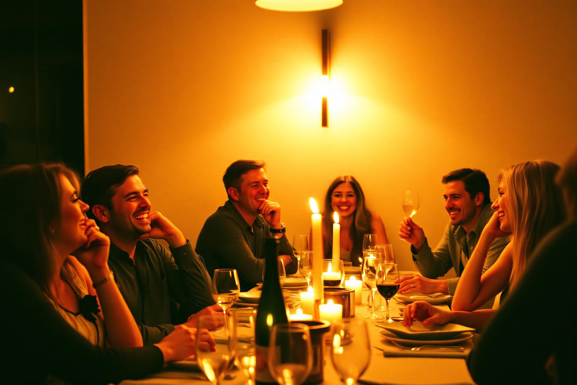 Members of Le Petit Club gathered around a candlelit dinner table